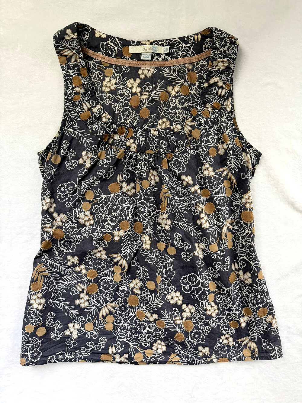 Boden Floral Cotton Sleeveless Top Gray Tan Size 2